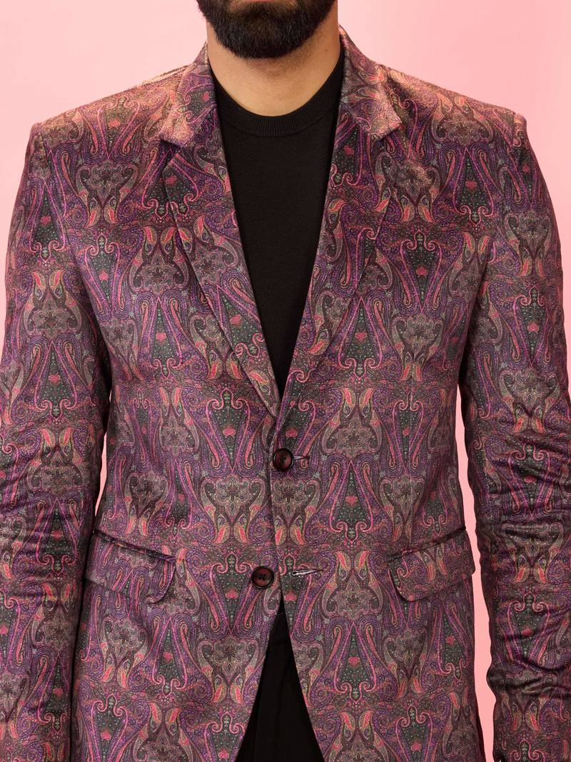 purple velvet paisley digital print blazer & black straight pant co-ord set | all-over print | satin lining