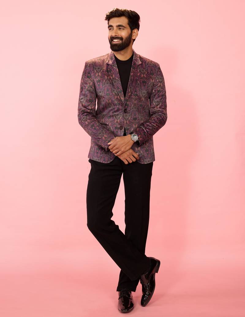 purple velvet paisley digital print blazer & black straight pant co-ord set | all-over print | satin lining
