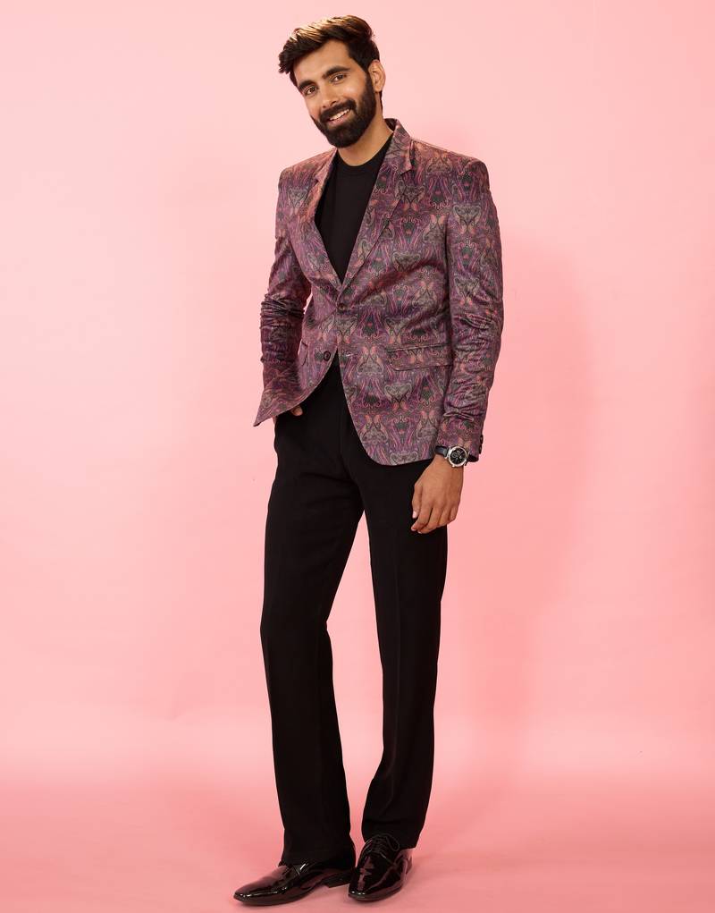 purple velvet paisley digital print blazer & black straight pant co-ord set | all-over print | satin lining