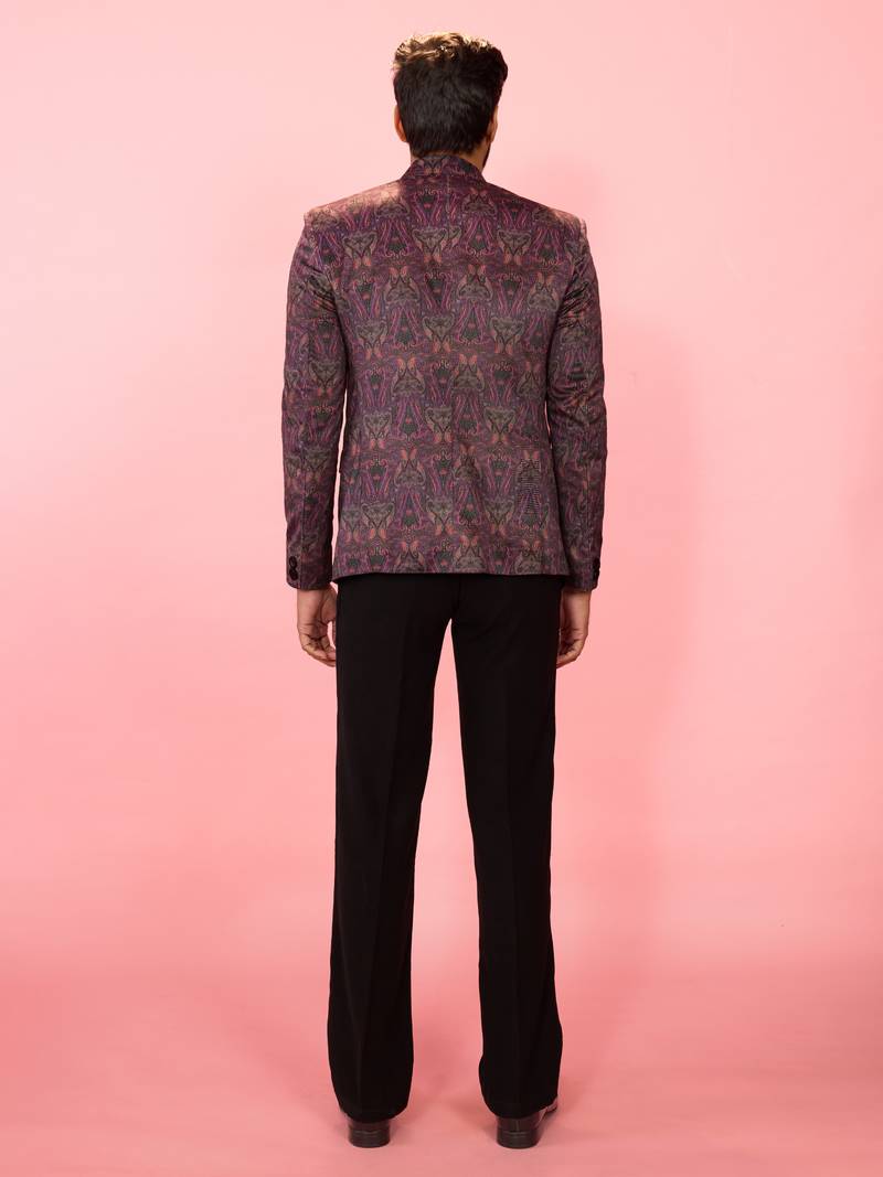 purple velvet paisley digital print blazer & black straight pant co-ord set | all-over print | satin lining