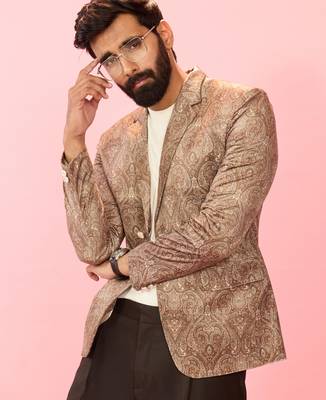 beige velvet paisley digital print notch collar wedding blazer | all-over print | satin lining 1