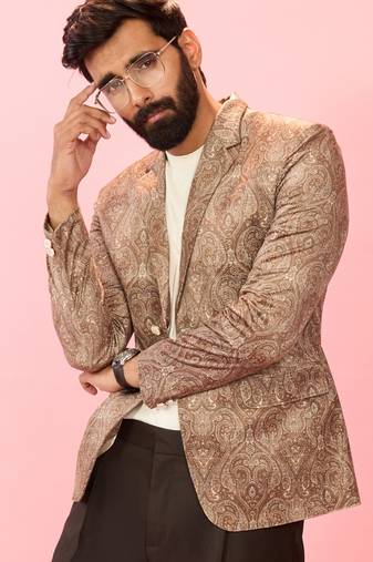 beige velvet paisley digital print notch collar wedding blazer | all-over print | satin lining