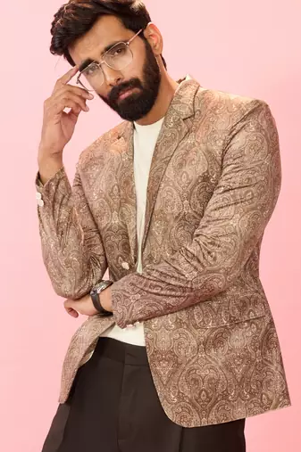 beige velvet paisley digital print notch collar wedding blazer | all-over print | satin lining