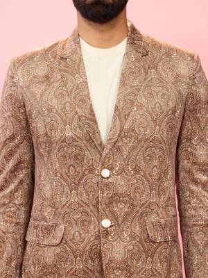 beige velvet paisley digital print notch collar wedding blazer | all-over print | satin lining 2