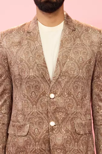 beige velvet paisley digital print notch collar wedding blazer | all-over print | satin lining
