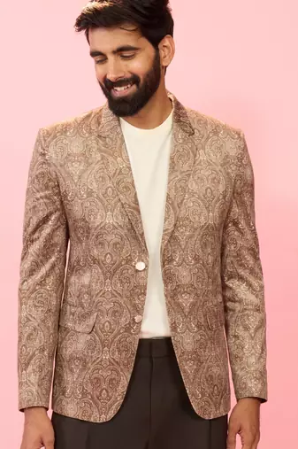 beige velvet paisley digital print notch collar wedding blazer | all-over print | satin lining