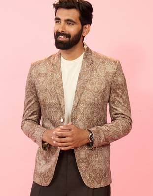 beige velvet paisley digital print notch collar wedding blazer | all-over print | satin lining 4