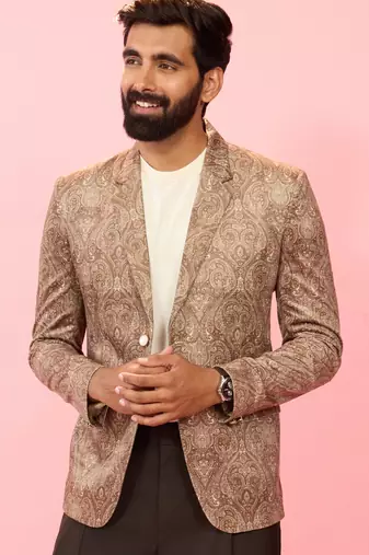 beige velvet paisley digital print notch collar wedding blazer | all-over print | satin lining