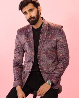 purple velvet paisley digital print notch collar wedding blazer | all-over print | satin lining 1