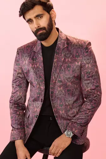 purple velvet paisley digital print notch collar wedding blazer | all-over print | satin lining