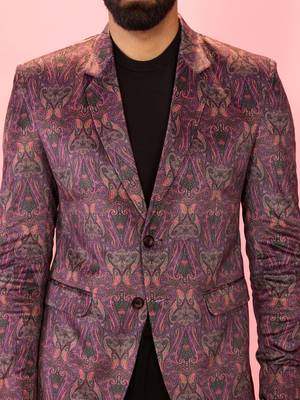 purple velvet paisley digital print notch collar wedding blazer | all-over print | satin lining 2