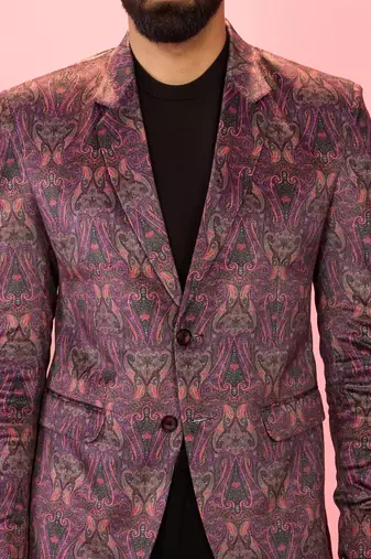 purple velvet paisley digital print notch collar wedding blazer | all-over print | satin lining
