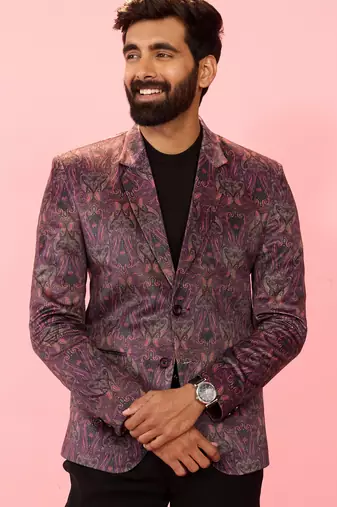 purple velvet paisley digital print notch collar wedding blazer | all-over print | satin lining