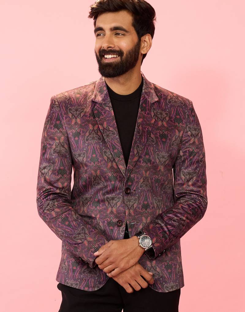 purple velvet paisley digital print notch collar wedding blazer | all-over print | satin lining