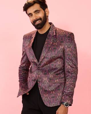 purple velvet paisley digital print notch collar wedding blazer | all-over print | satin lining 4