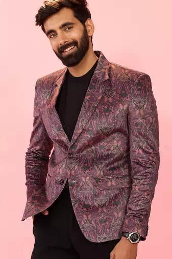 purple velvet paisley digital print notch collar wedding blazer | all-over print | satin lining