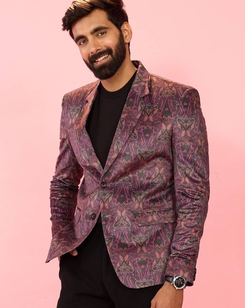 purple velvet paisley digital print notch collar wedding blazer | all-over print | satin lining