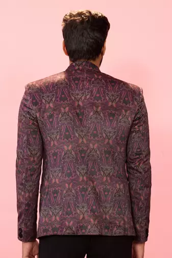purple velvet paisley digital print notch collar wedding blazer | all-over print | satin lining