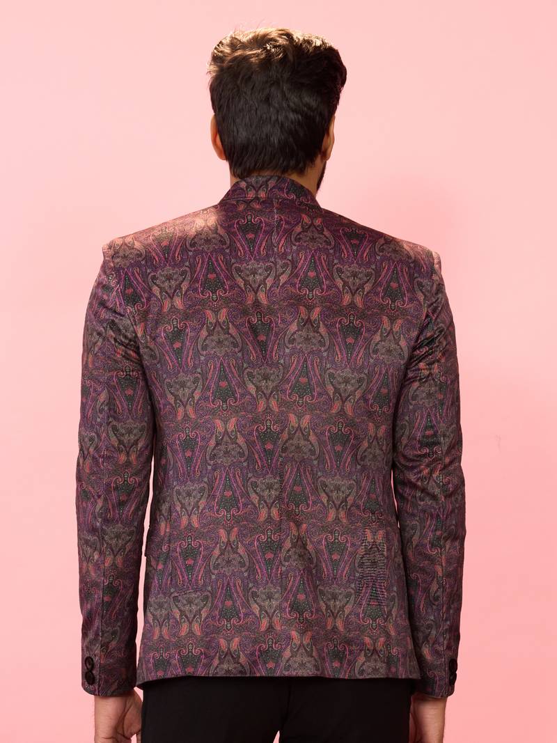 purple velvet paisley digital print notch collar wedding blazer | all-over print | satin lining