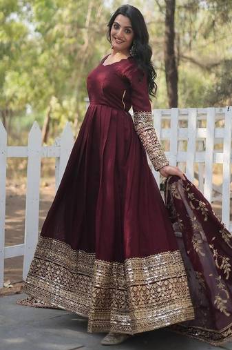 maroon faux georgette gown with full heavy embroidery  