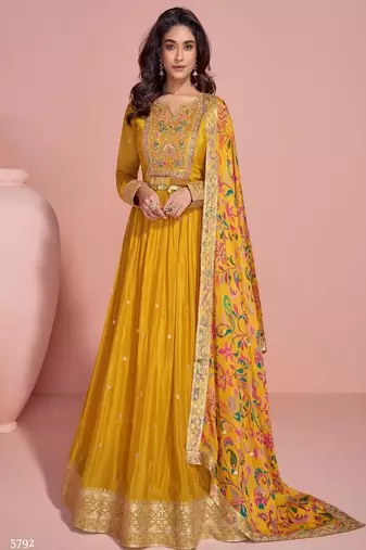 mustard chinon silk long gown with print  embroidery 