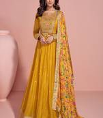 mustard chinon silk long gown with print  embroidery 