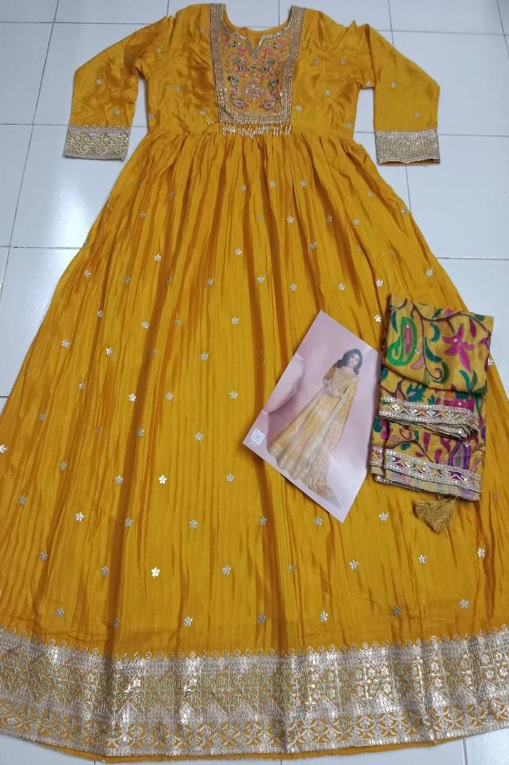 mustard chinon silk long gown with print  embroidery 