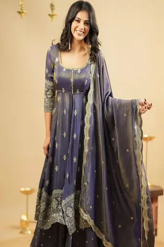 blue simmer silk lehenga suit with sequin touch for vibes