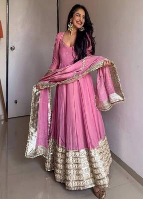 Rose glow  anarkali pink flair gown with golden dupatta & border 1