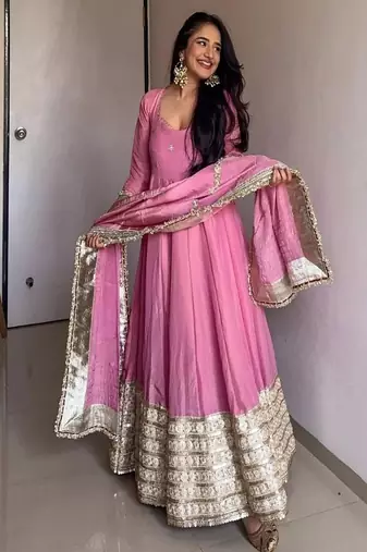 Rose glow  anarkali pink flair gown with golden dupatta & border