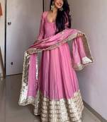 Rose glow  anarkali pink flair gown with golden dupatta & border