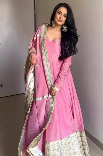 Rose glow  anarkali pink flair gown with golden dupatta & border