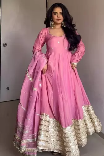 Rose glow  anarkali pink flair gown with golden dupatta & border
