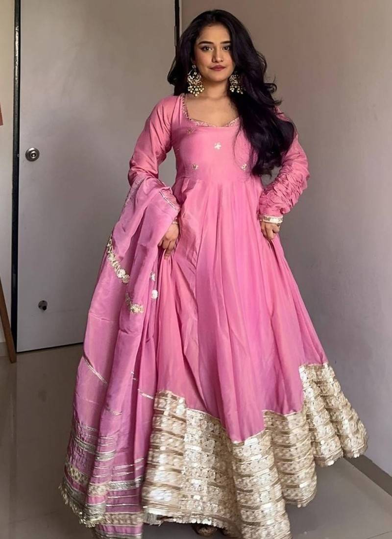 Rose glow  anarkali pink flair gown with golden dupatta & border