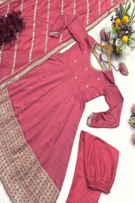 Rose glow  anarkali pink flair gown with golden dupatta & border 4