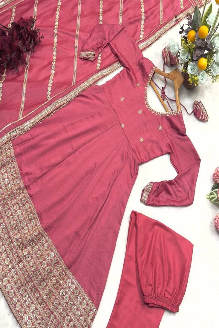 Rose glow  anarkali pink flair gown with golden dupatta & border