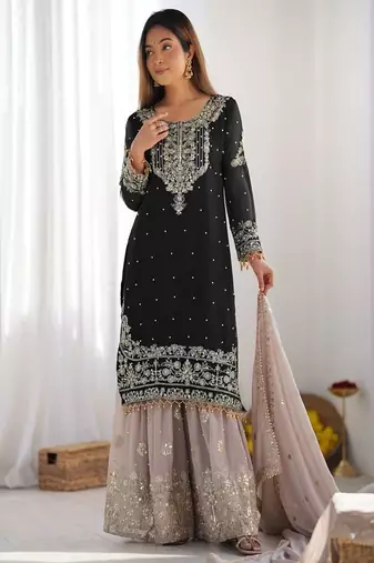 Black faux georgette palazzo set with sequin detailing designer party look