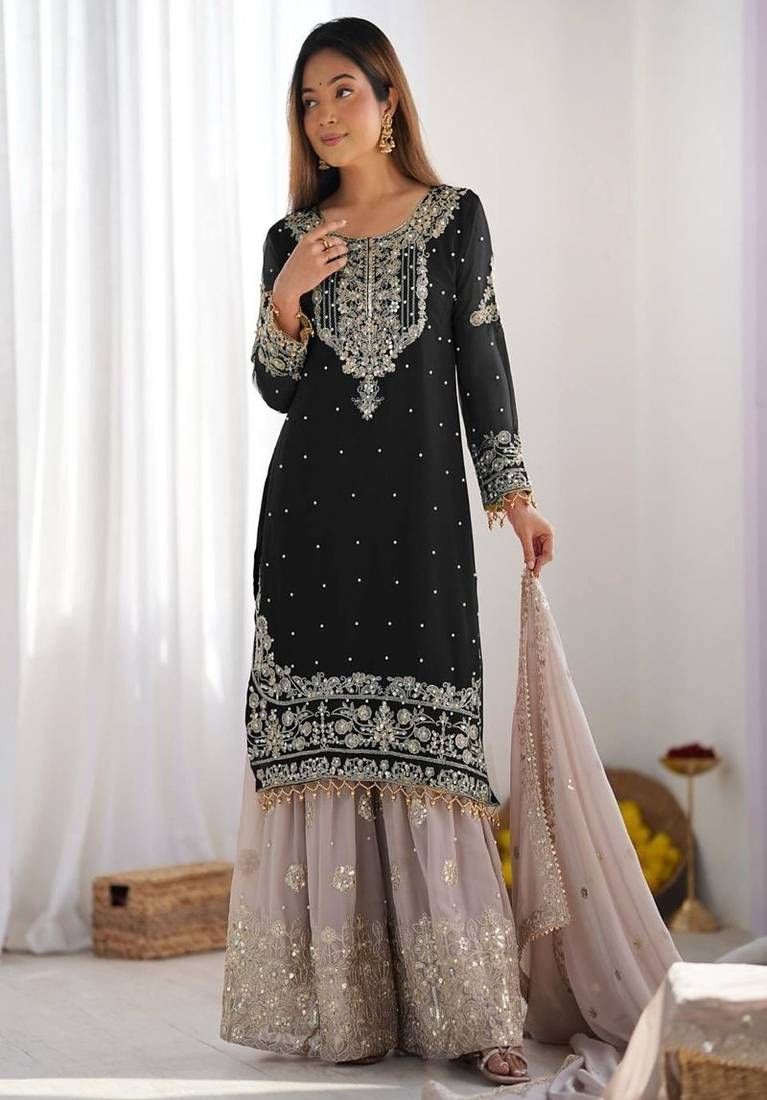 Black faux georgette palazzo set with sequin detailing designer party look