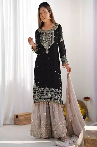 Black faux georgette palazzo set with sequin detailing designer party look