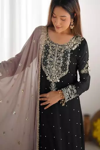 Black faux georgette palazzo set with sequin detailing designer party look