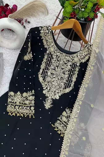 Black faux georgette palazzo set with sequin detailing designer party look