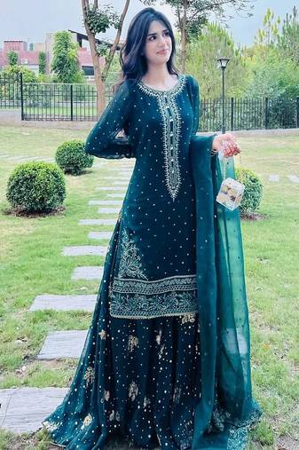 embroidered georgette lehenga style suit in deep teal