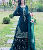 embroidered georgette lehenga style suit in deep teal