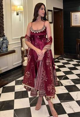  maroon anarkali suit set zari sequins 3 piece gown outfit 1
