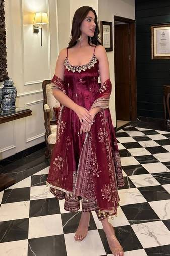  maroon anarkali suit set zari sequins 3 piece gown outfit