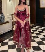  maroon anarkali suit set zari sequins 3 piece gown outfit