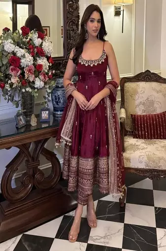  maroon anarkali suit set zari sequins 3 piece gown outfit