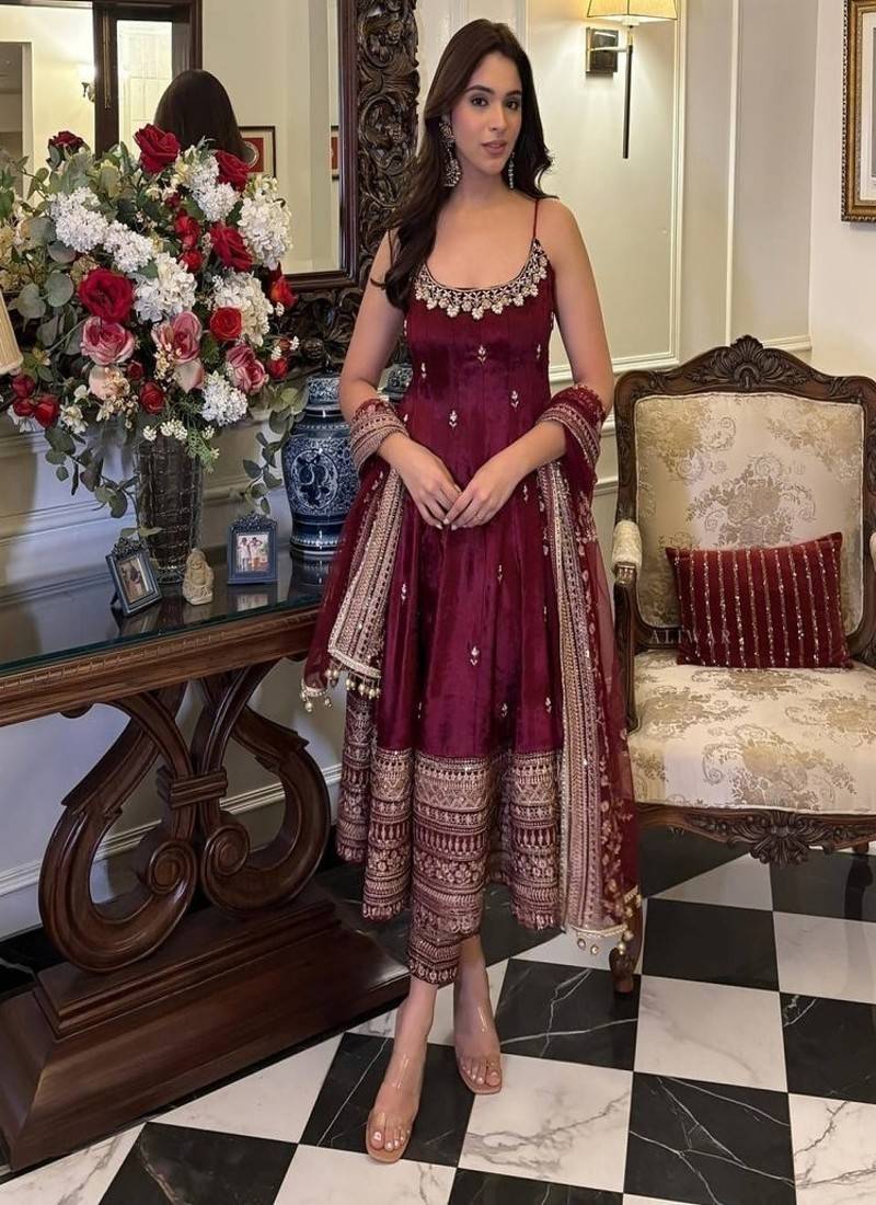  maroon anarkali suit set zari sequins 3 piece gown outfit