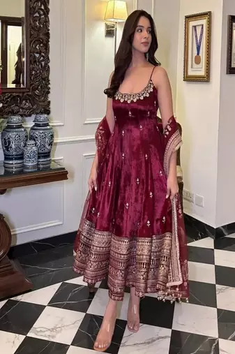  maroon anarkali suit set zari sequins 3 piece gown outfit