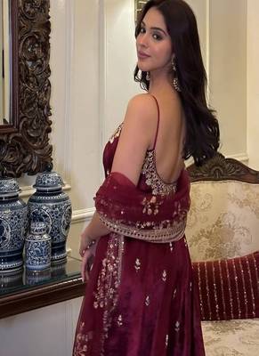  maroon anarkali suit set zari sequins 3 piece gown outfit 4